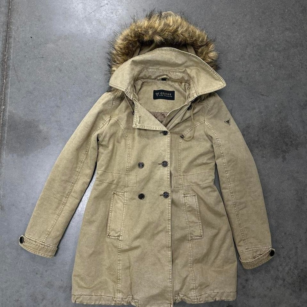 Guess khaki double breasted trench coat with detachable faux fur hood Size Med